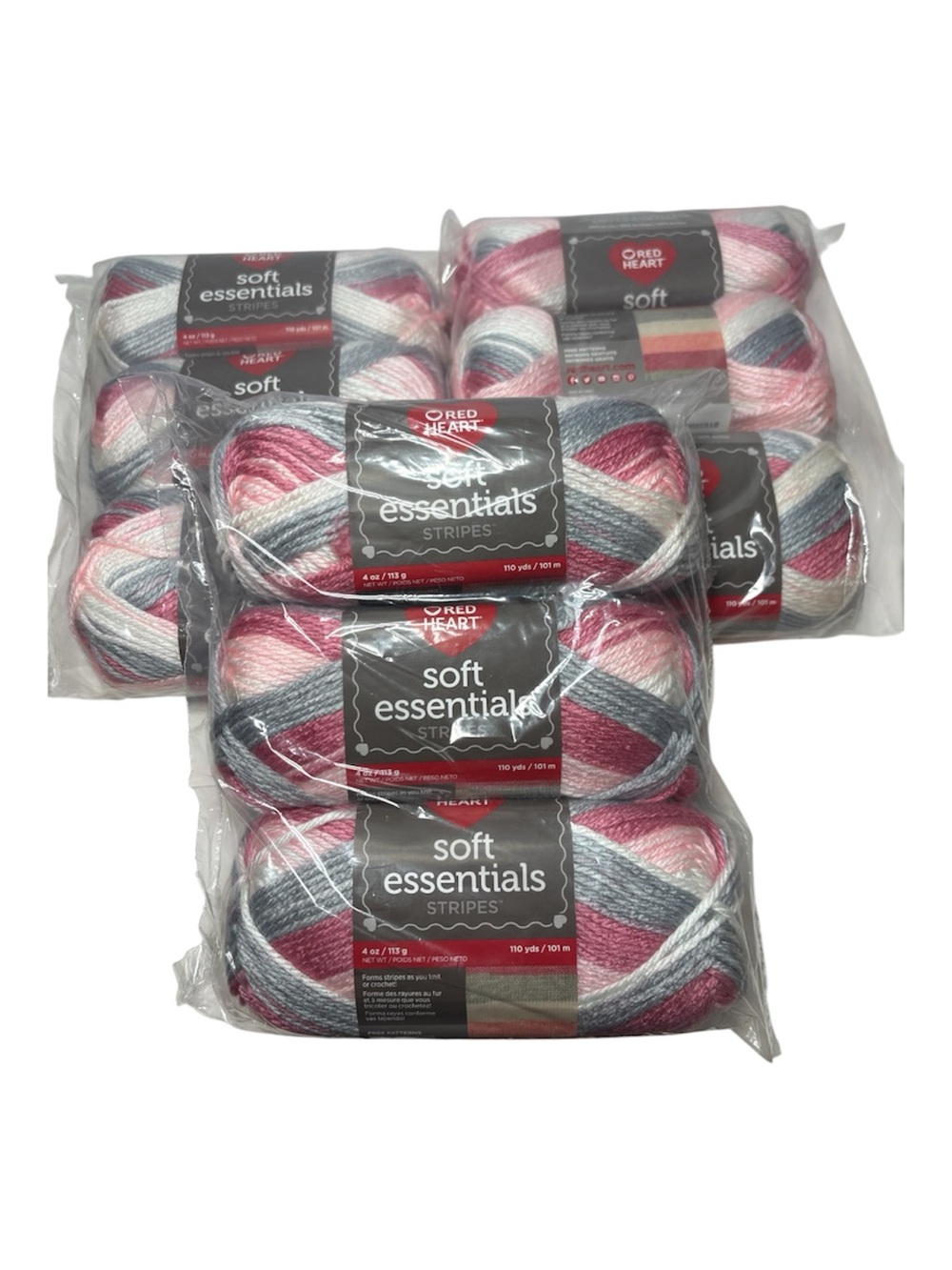 Red Heart Soft Essentials Stripes Yarn - Pixie Stripe-White, Pink, Gray